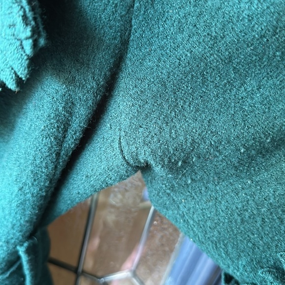 Small 100% wool forest green crochet 1/2 sleeve coat Eyelit belted long trench - Picture 7 of 7